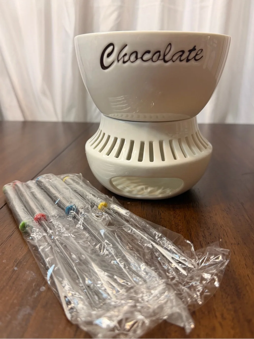 Williams Sonoma Porcelain Chocolate Fondue Pot Set 6 Forks Original Box